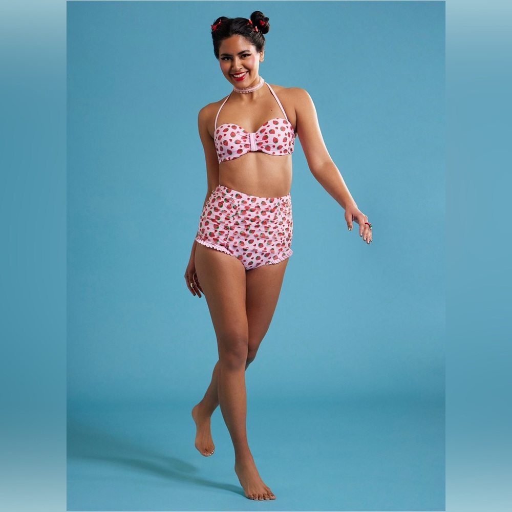 Hot Topic Pink Strawberry Heart Bikini Top (small) High Waisted Bottoms (medium)